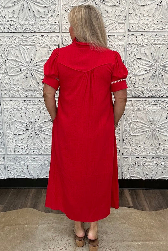Embroidered Linen Blend Button Front Midi Dress