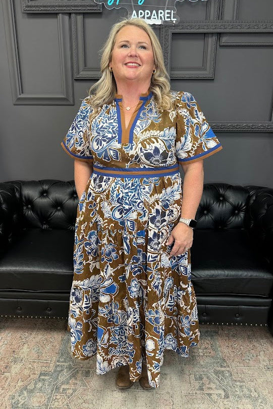 floral midi dress, contrast trim dress, woven midi dress, boutique dress, lined dress with pockets, fall floral dress, short sleeve dress, lightweight midi, casual chic dress, women’s boutique style