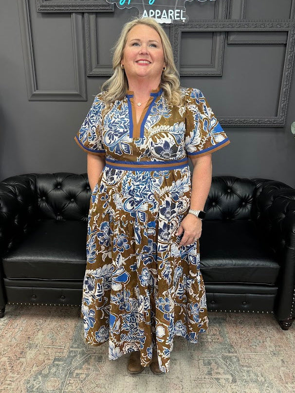 floral midi dress, contrast trim dress, woven midi dress, boutique dress, lined dress with pockets, fall floral dress, short sleeve dress, lightweight midi, casual chic dress, women’s boutique style