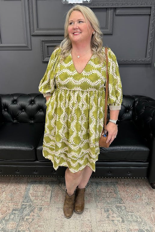 printed dress, ric-rac trim dress, v-neck mini dress, boutique mini dress, flowy short dress, patterned dress, casual boho dress, rayon mini dress, statement dress, women’s boutique style