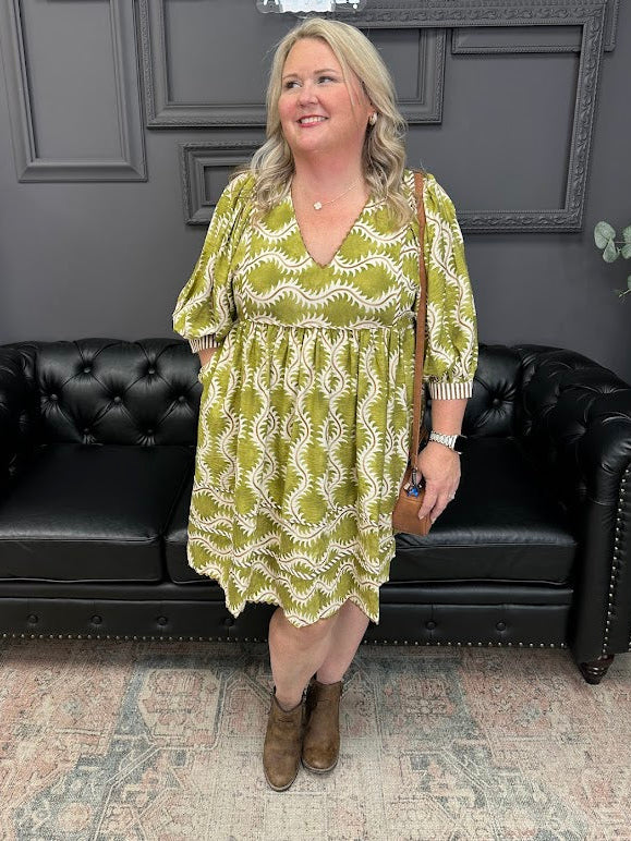 printed dress, ric-rac trim dress, v-neck mini dress, boutique mini dress, flowy short dress, patterned dress, casual boho dress, rayon mini dress, statement dress, women’s boutique style