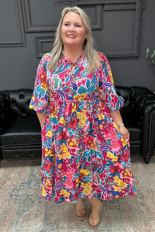 floral peasant dress, boutique floral dress, puff sleeve dress, v notch dress, women’s floral dress, casual midi dress