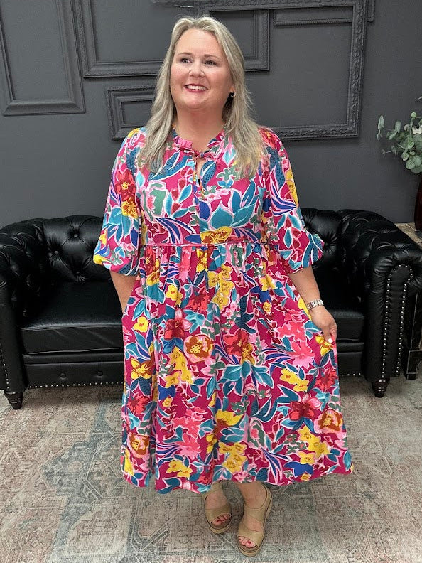 floral peasant dress, boutique floral dress, puff sleeve dress, v notch dress, women’s floral dress, casual midi dress