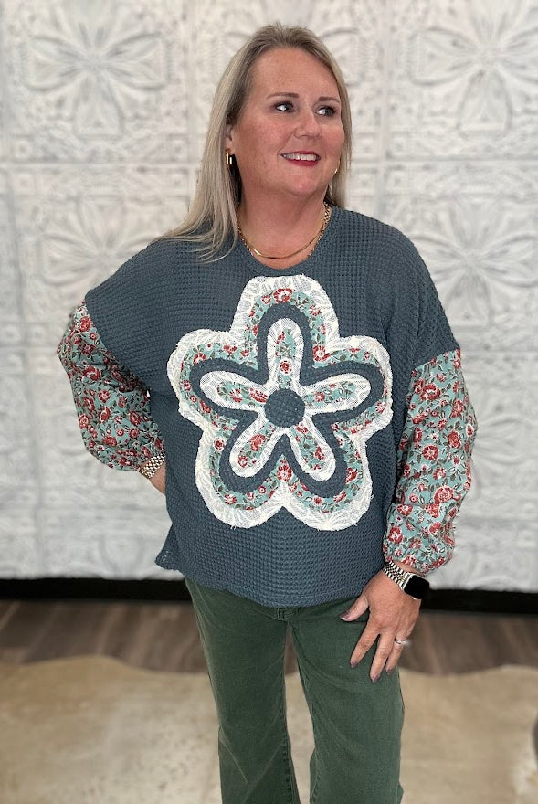 Floral Applique Waffle Knit Top with Contrast Sleeves
