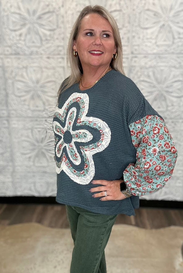 Floral Applique Waffle Knit Top with Contrast Sleeves