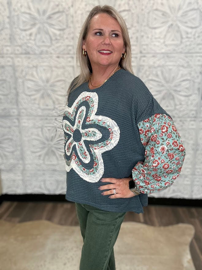 Floral Applique Waffle Knit Top with Contrast Sleeves