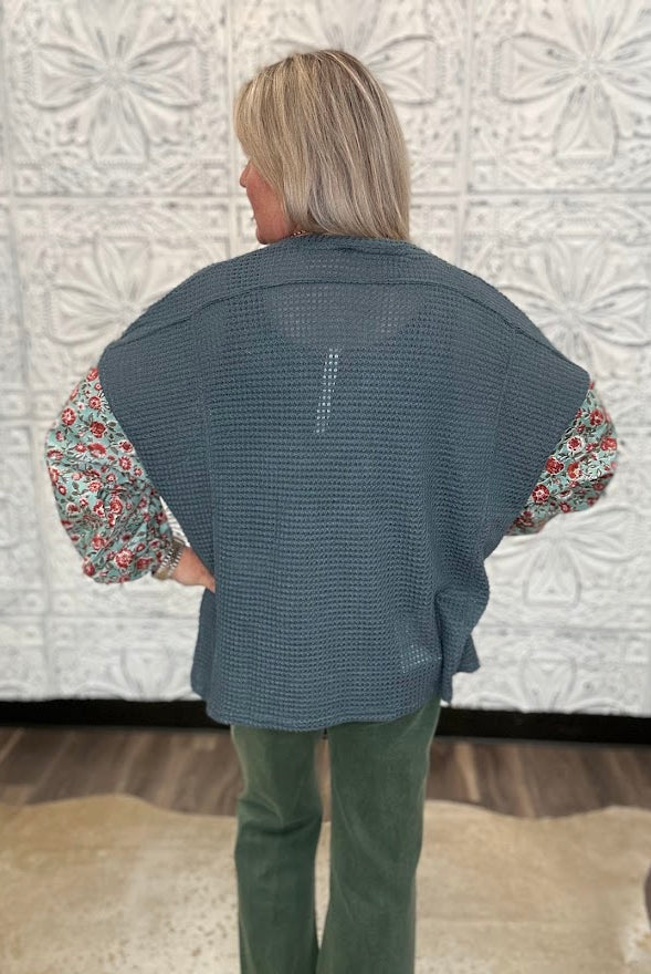 Floral Applique Waffle Knit Top with Contrast Sleeves