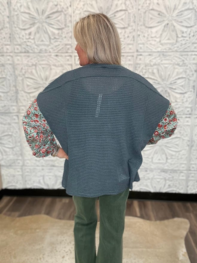 Floral Applique Waffle Knit Top with Contrast Sleeves