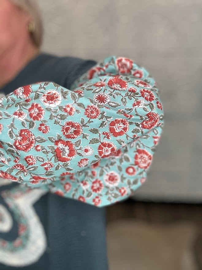 Floral Applique Waffle Knit Top with Contrast Sleeves