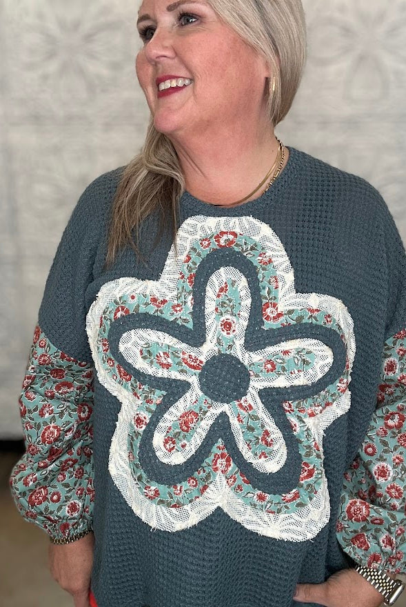Floral Applique Waffle Knit Top with Contrast Sleeves