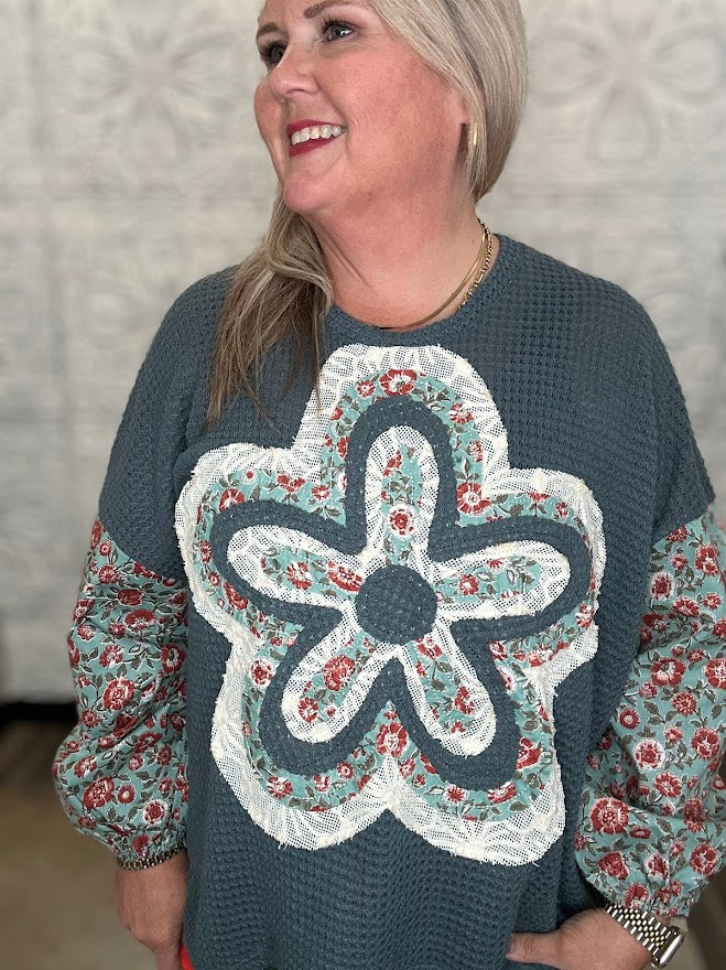 Floral Applique Waffle Knit Top with Contrast Sleeves