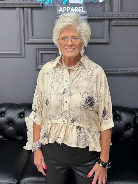 floral high-low blouse, ruffle hem top, button front floral top, neutral floral blouse, 3/4 sleeve woven top, feminine fall top