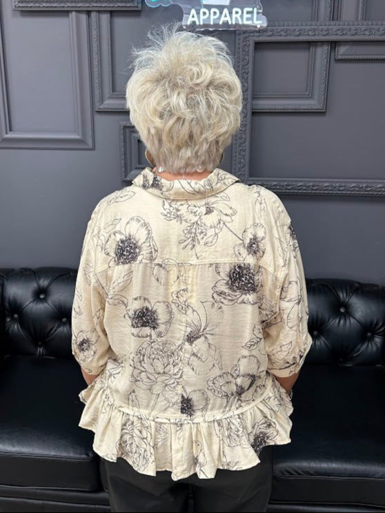 floral high-low blouse, ruffle hem top, button front floral top, neutral floral blouse, 3/4 sleeve woven top, feminine fall top