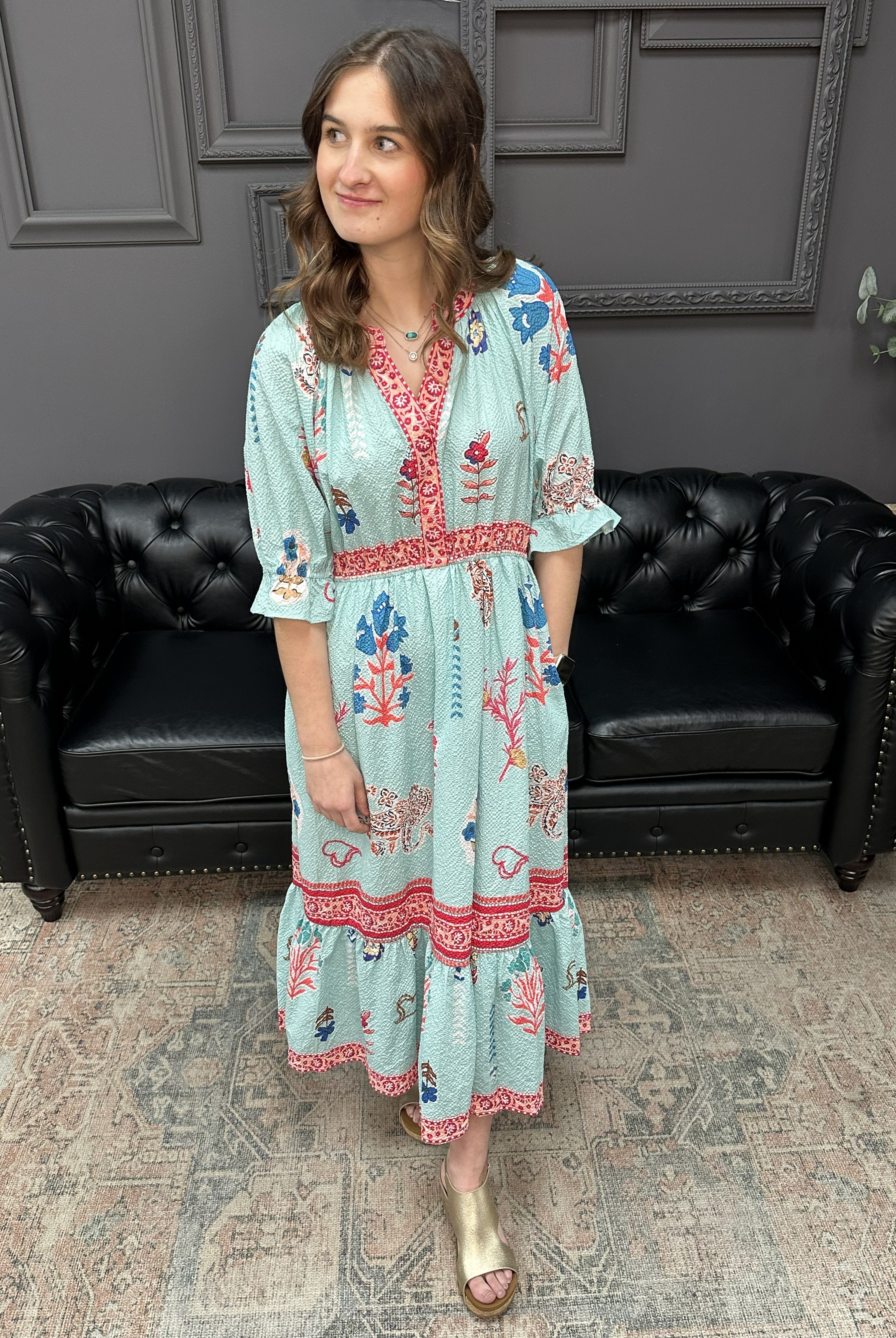 mint floral midi dress, collage print dress, smocked waist floral dress, puff sleeve midi dress, boutique floral dress, colorful summer dress