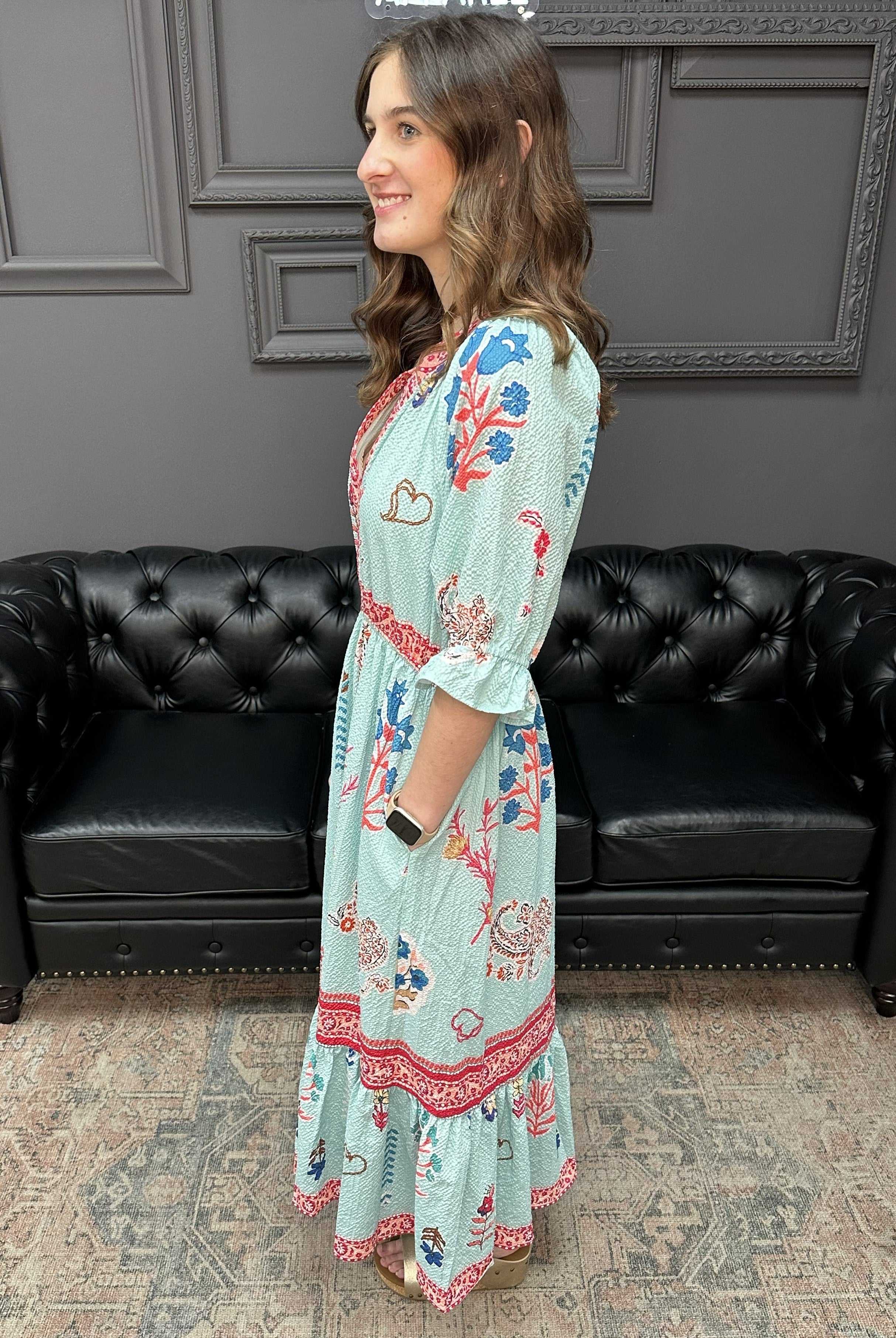 mint floral midi dress, collage print dress, smocked waist floral dress, puff sleeve midi dress, boutique floral dress, colorful summer dress