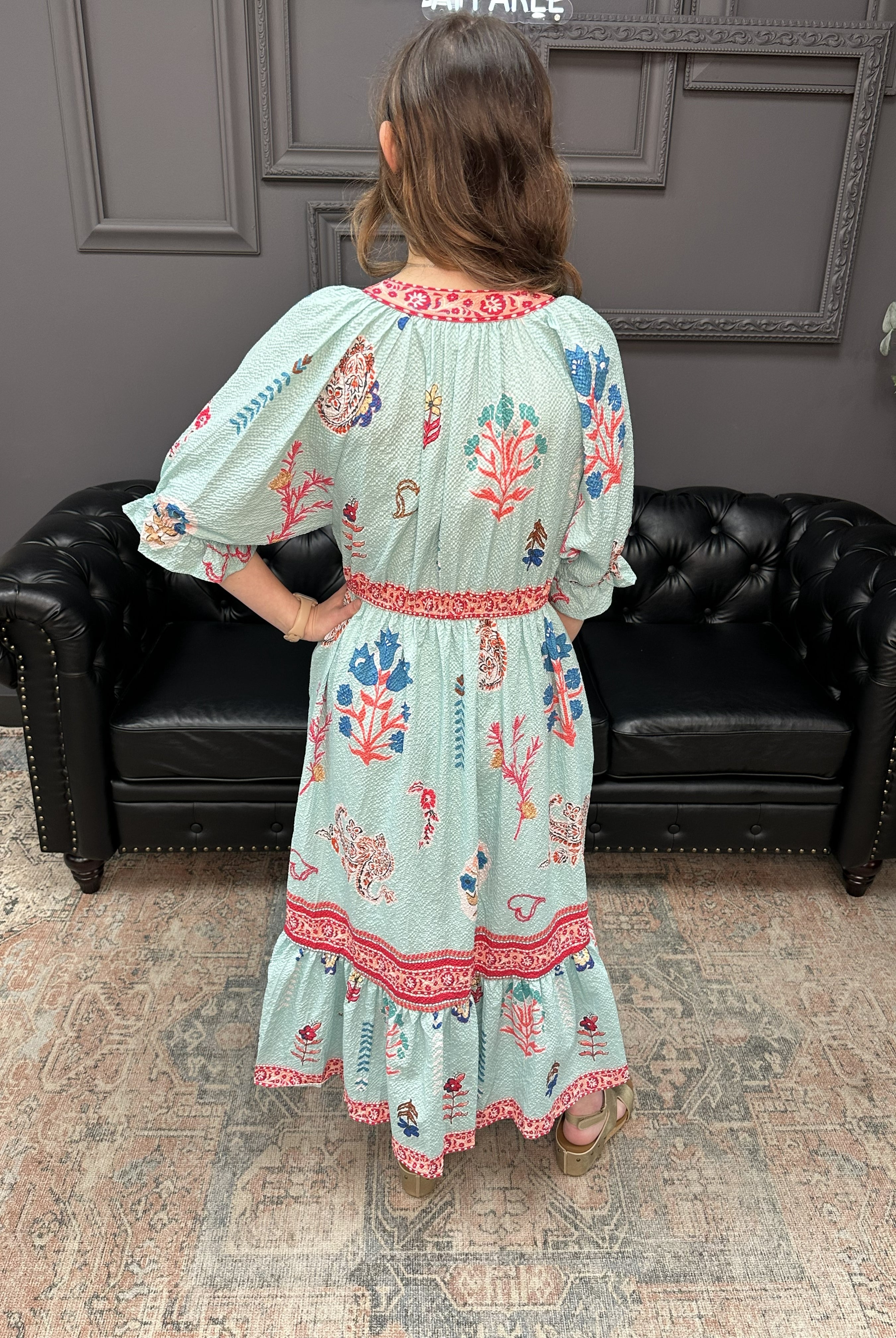 mint floral midi dress, collage print dress, smocked waist floral dress, puff sleeve midi dress, boutique floral dress, colorful summer dress