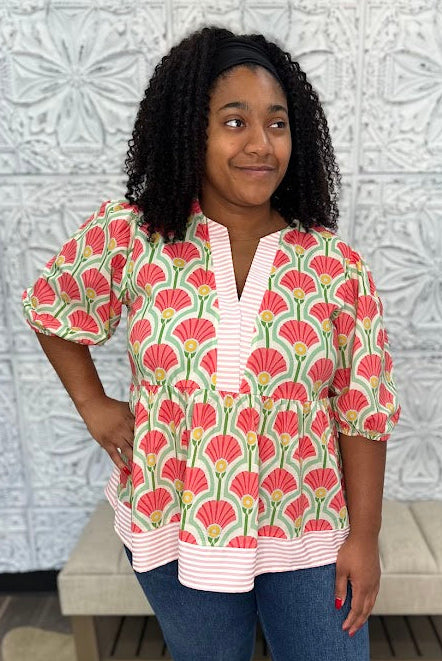 Floral Fan Print Babydoll Top