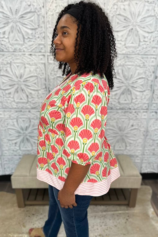 Floral Fan Print Babydoll Top