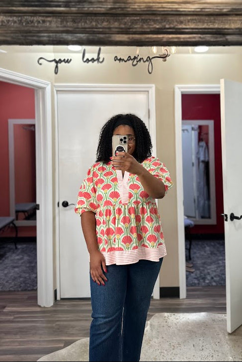 Floral Fan Print Babydoll Top