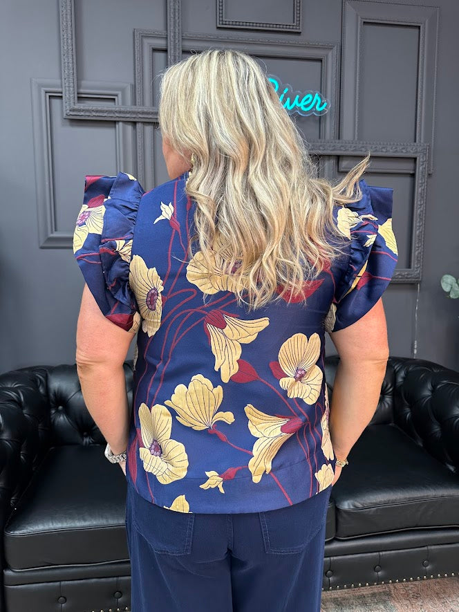 floral jacquard top, ruffle sleeve blouse, navy floral top, feminine work blouse, chic floral blouse, statement top, dressy casual blouse