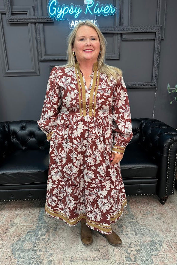 rust floral midi maxi dress women's fashion