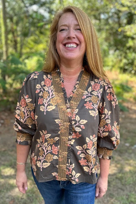 Floral Print Cotton Blouse with Embroidered Smocking