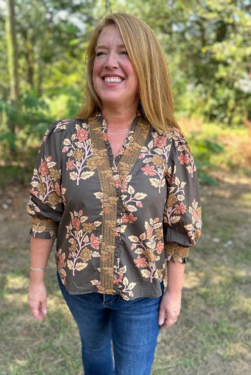 Floral Print Cotton Blouse with Embroidered Smocking