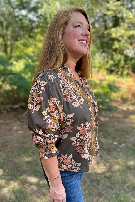 Floral Print Cotton Blouse with Embroidered Smocking