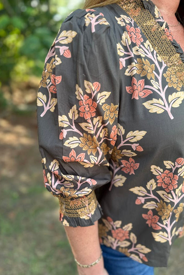 Floral Print Cotton Blouse with Embroidered Smocking