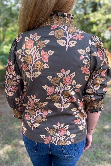 Floral Print Cotton Blouse with Embroidered Smocking