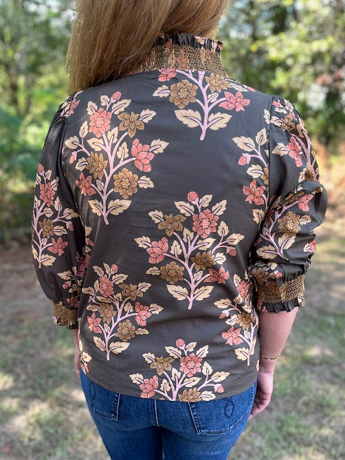 Floral Print Cotton Blouse with Embroidered Smocking
