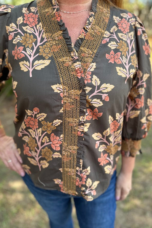 Floral Print Cotton Blouse with Embroidered Smocking