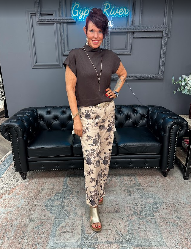 brown tan floral ankle trouser entro women's fashion