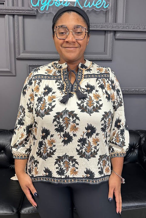 floral fall blouse, tassel tie top, decorative trim blouse, 3/4 sleeve blouse, fall print top, lightweight woven blouse, boutique fall top, women’s floral top, rayon blouse, boho fall outfit