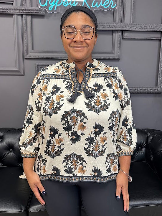 floral fall blouse, tassel tie top, decorative trim blouse, 3/4 sleeve blouse, fall print top, lightweight woven blouse, boutique fall top, women’s floral top, rayon blouse, boho fall outfit