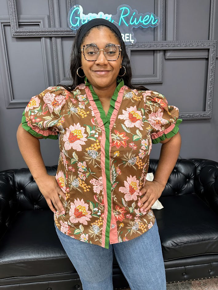 ruffle floral puff sleeve women's fashion