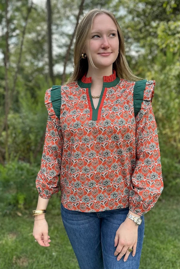 rust floral blouse, statement sleeve top, ruffle collar blouse, boho chic blouse, bold print blouse, dressy fall blouse, long sleeve floral top, pleated shoulder blouse, unique work blouse