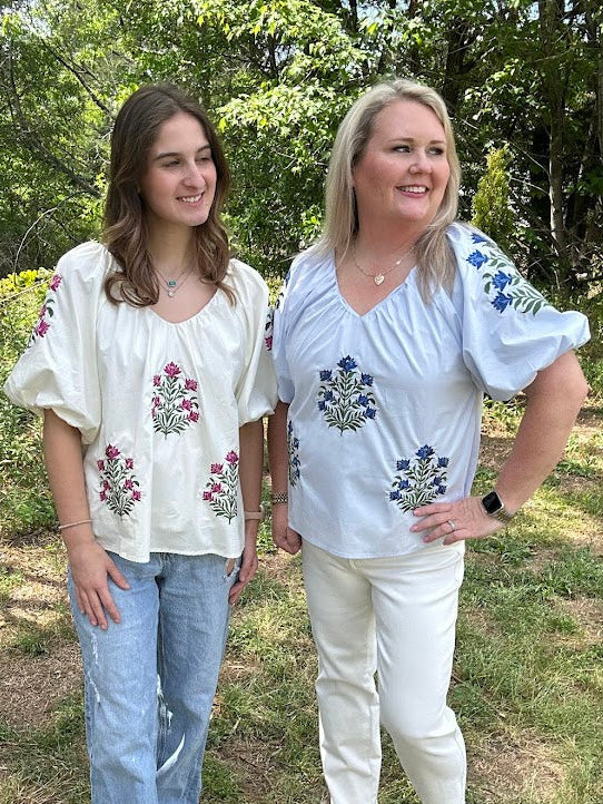 Floral Puff Sleeve V-Neck Blouse
