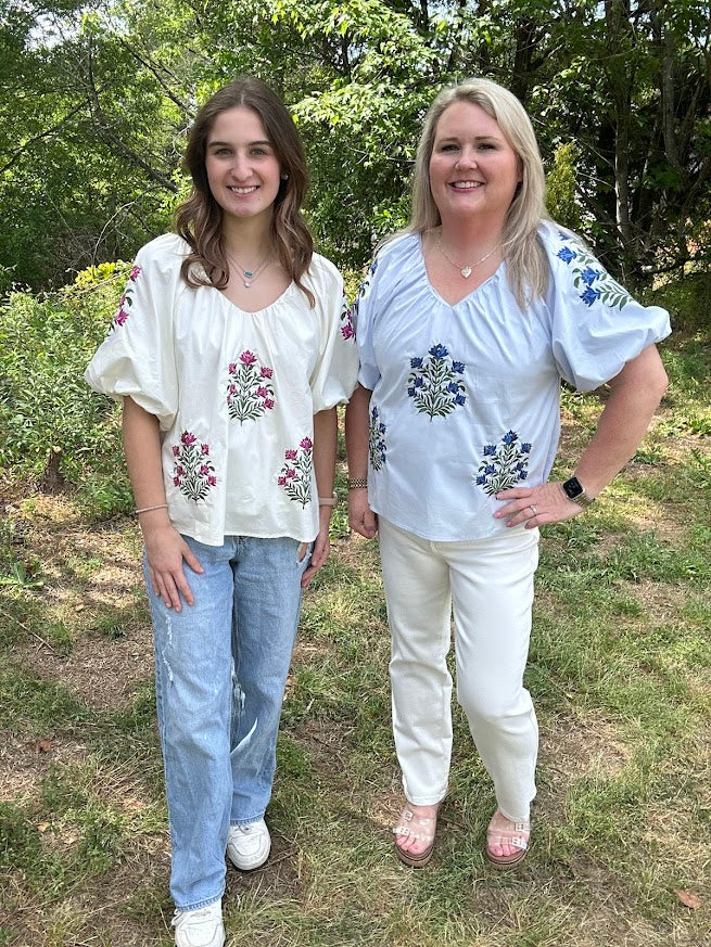 Floral Puff Sleeve V-Neck Blouse