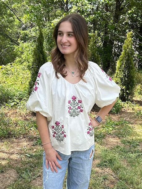 Floral Puff Sleeve V-Neck Blouse