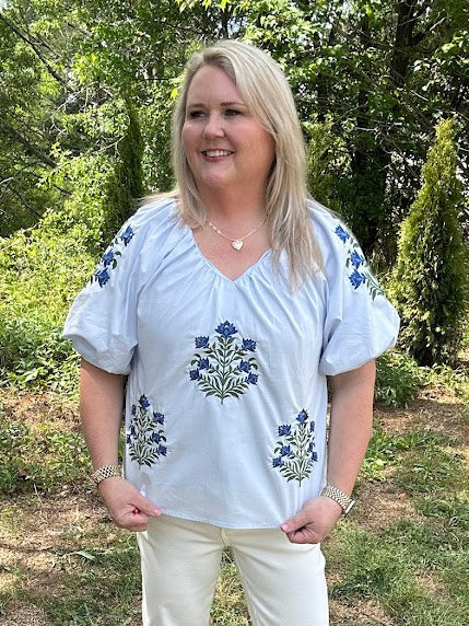 Floral Puff Sleeve V-Neck Blouse