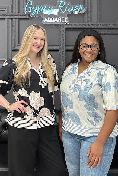 printed woven top, bubble sleeve top, women’s boutique top, contrast trim blouse, everyday blouse, casual work top