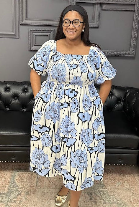 floral midi dress, puff sleeve dress, smocked midi dress, boutique floral dress, women’s midi dress, cotton floral dress