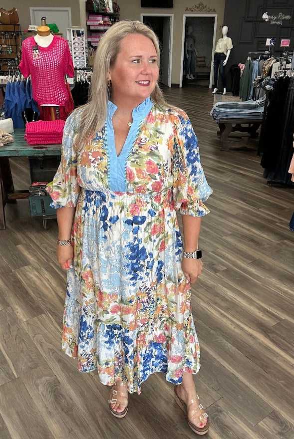 Floral Tiered Midi Dress with Contrast Trim