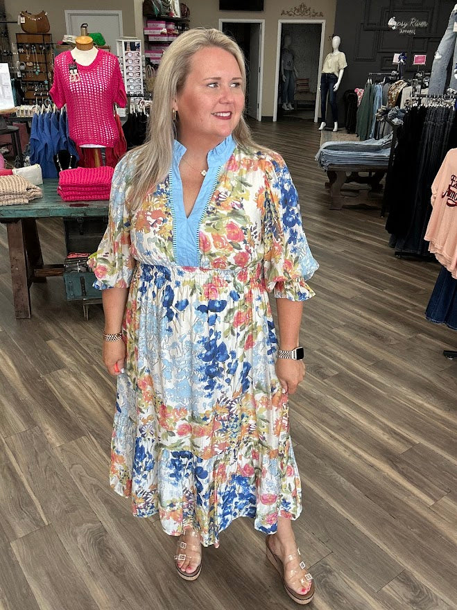 Floral Tiered Midi Dress with Contrast Trim