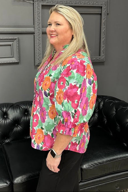 floral button down top, balloon sleeve blouse, women’s cotton blouse, colorful floral top, boutique blouses, everyday tops, Gypsy River Apparel