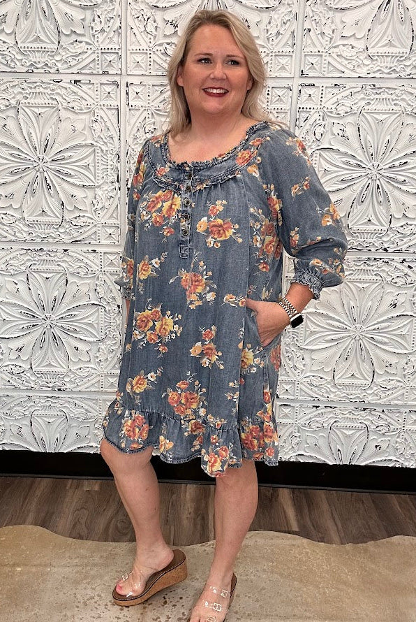 Floral Washed Chambray Ruffle Dress