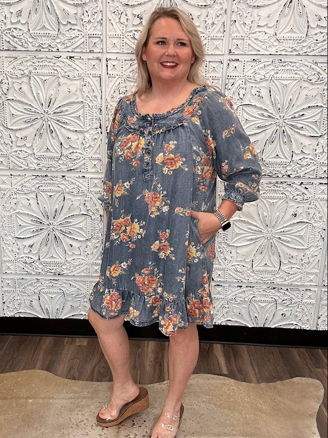 Floral Washed Chambray Ruffle Dress