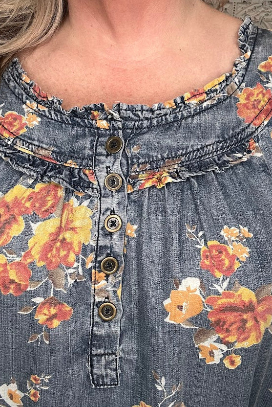 Floral Washed Chambray Ruffle Dress
