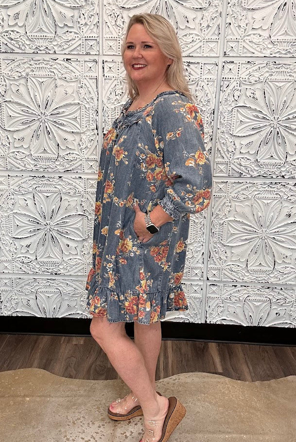 Floral Washed Chambray Ruffle Dress